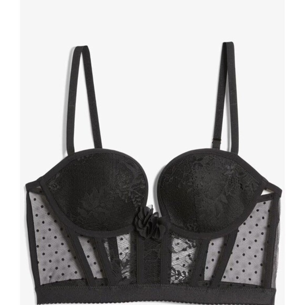 Black Lace Polka Dot Mesh Corset Bustier Bra Longline Top Lingerie Sexy 38D